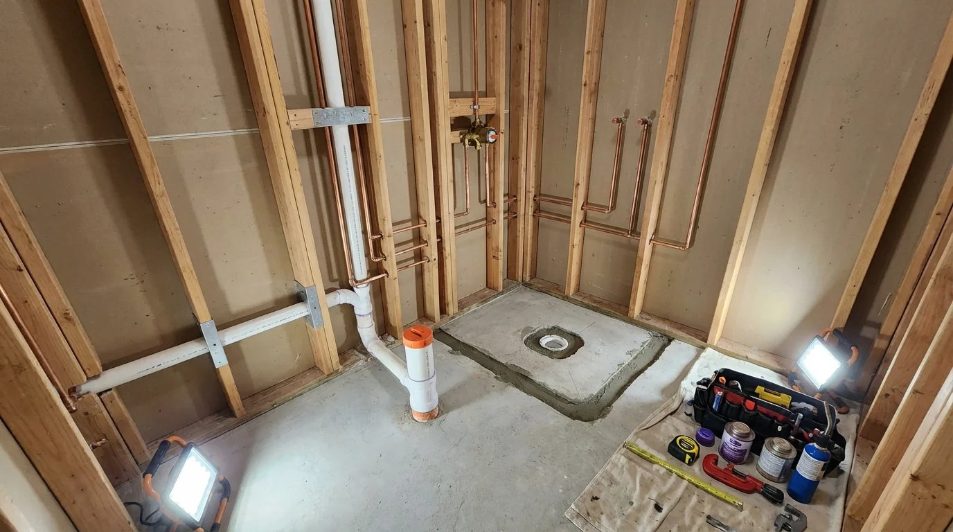 Bathroom rough-in plumbing during remodel by Johns Plumbing LLC in Snyder