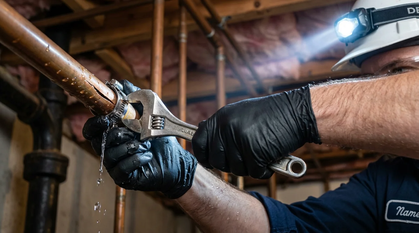 Emergency pipe clamp repair being performed by a Johns Plumbing LLC plumber in Snyder