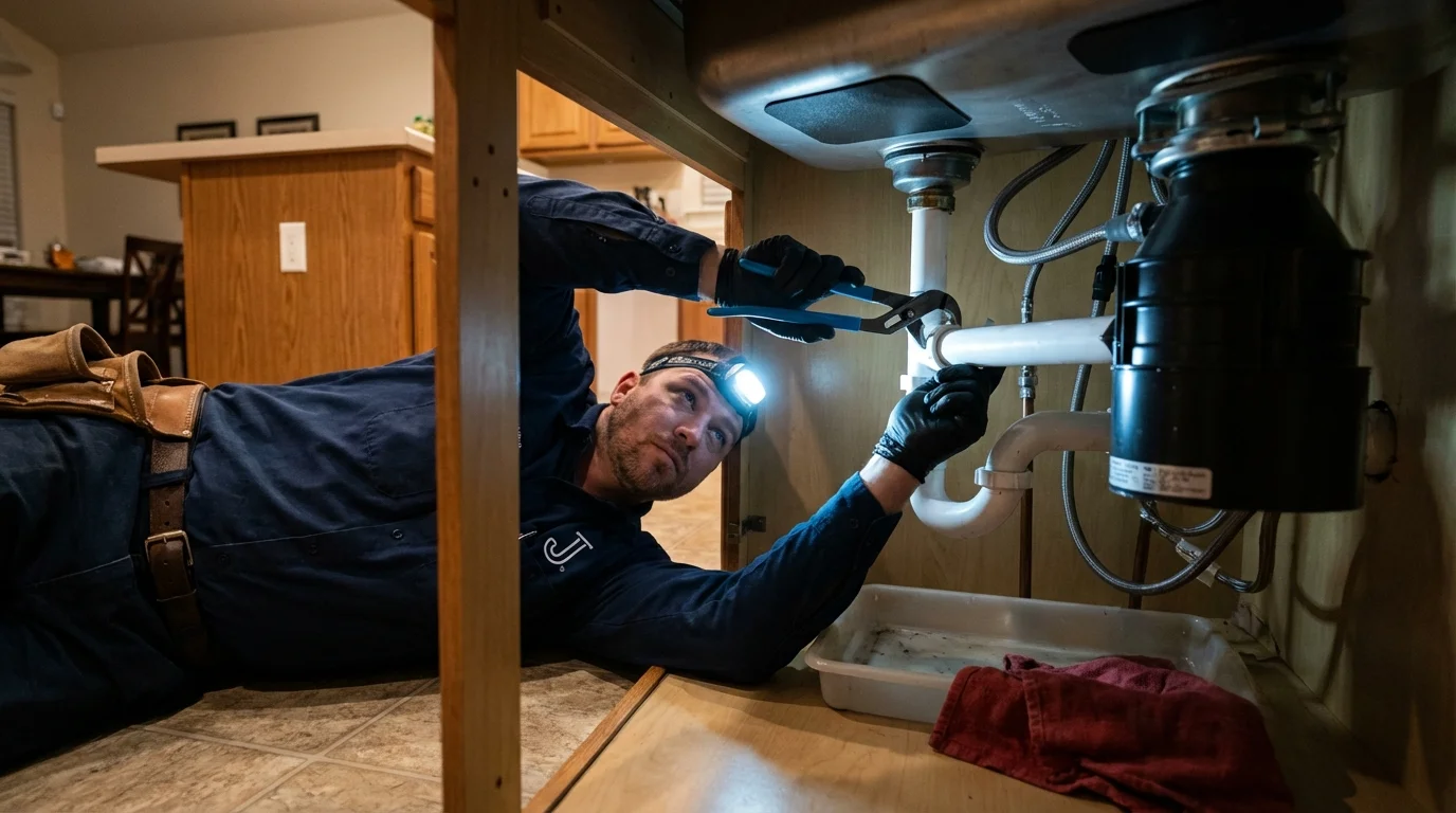 P-trap and supply line connections under a kitchen sink showing a common leak point in Snyder, TX